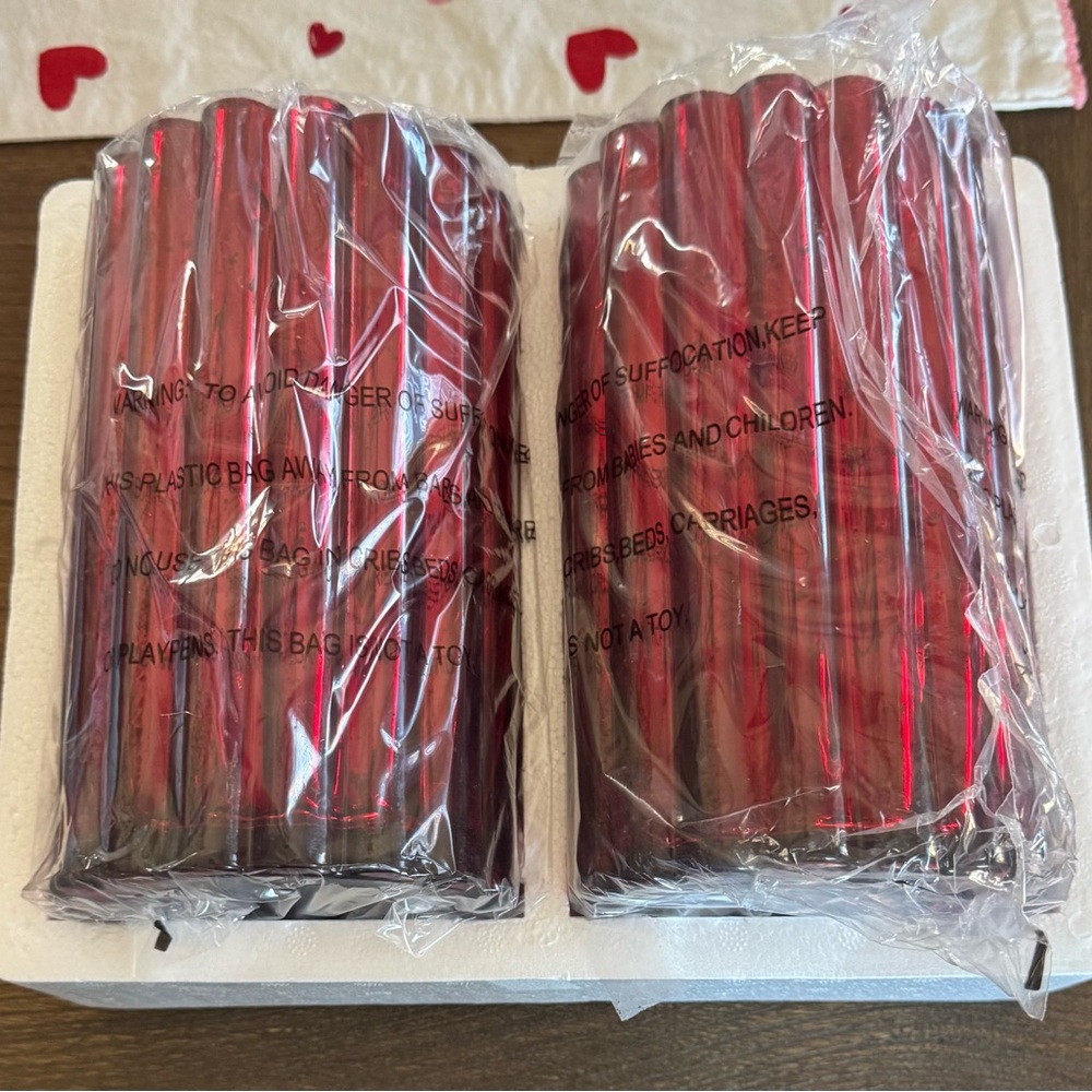 Valerie Parr Hill Red Fluted Glass Hurricane Set (2 pieces with twinkle lights) - Picture 2 of 3